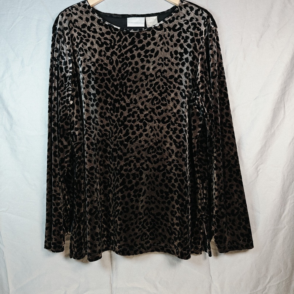 Worthington Long Sleeves Animal Print‎ Velvet XL Tunic Top Blouse